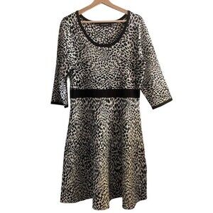 Nina Leonard Cheetah Print Black White A Line Long Sleeve Dress Size L Women
